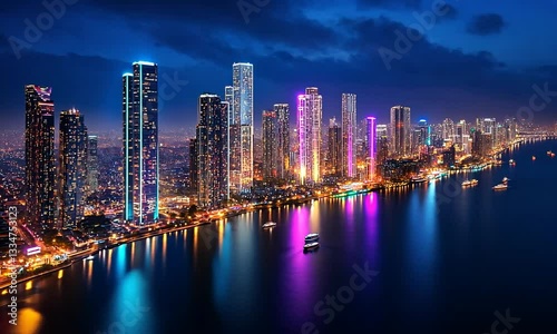 Wallpaper Mural A stunning night skyline of a vibrant city with illuminated skyscrapers reflecting on the water Torontodigital.ca