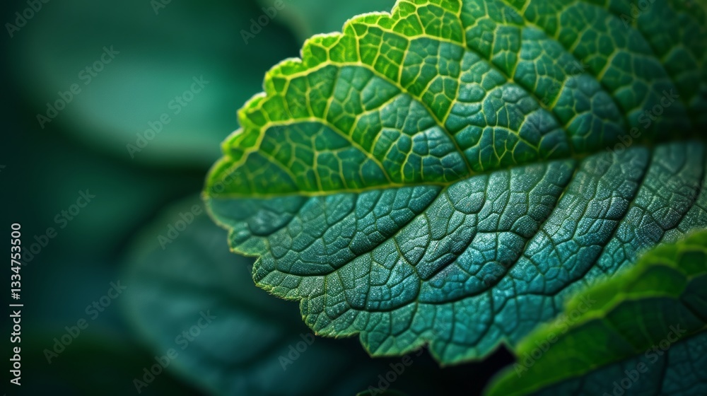 Fototapeta premium Extreme close up macro photograph of a vibrant green leaf, revealing the intricate details of its veins and textured surface, with clearly defined serrated edges in a lush natural environment