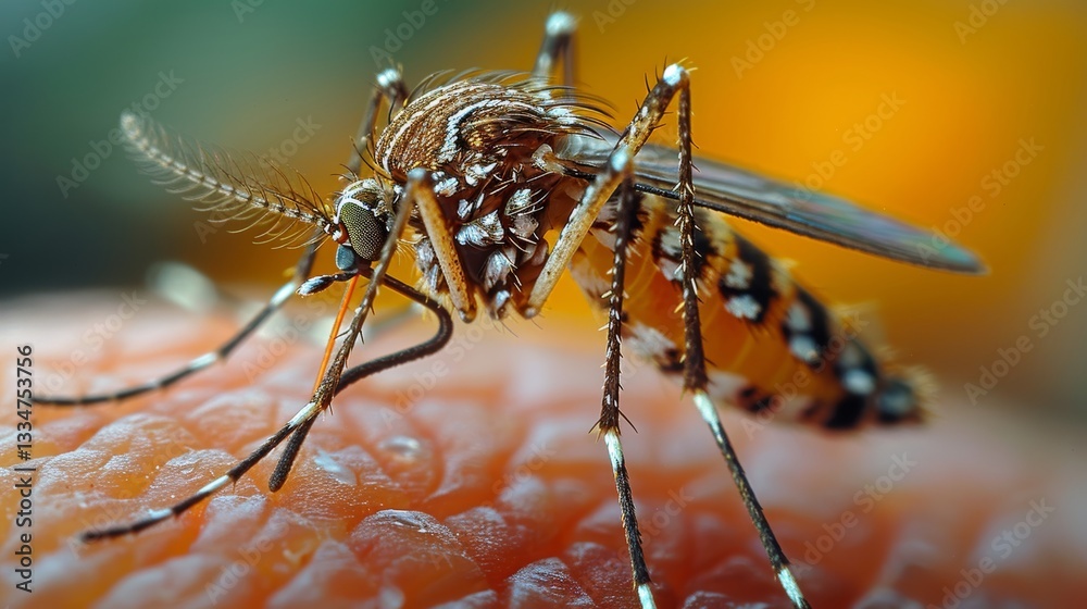 Naklejka premium Extreme close-up of a mosquito sucking blood on human skin, an insect carrying diseases like Zika and dengue fever in a warm environment