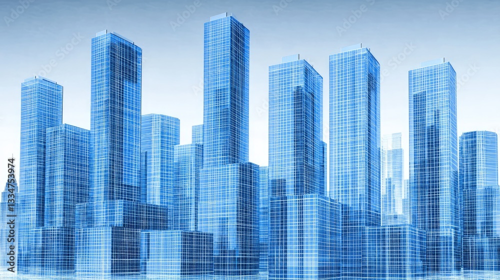 Obraz premium Futuristic city skyline, glass skyscrapers, architectural design, background