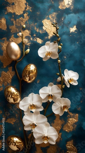Golden Eggs and Orchids: A stunning composition featuring gold-covered eggs, delicately arranged with branches of vibrant white orchids against a textured teal backdrop.