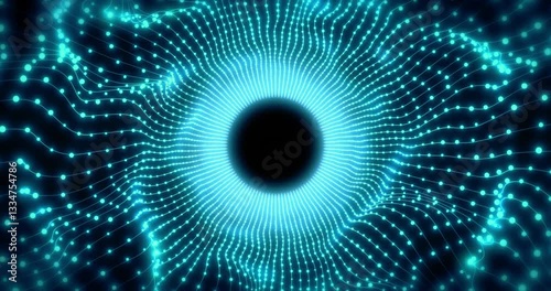 Abstract glowing hi-tech energy particles waves data tunnel. Science and technology futuristic abstract circular lines and particles background. Data streaming through particles abstract animation.
