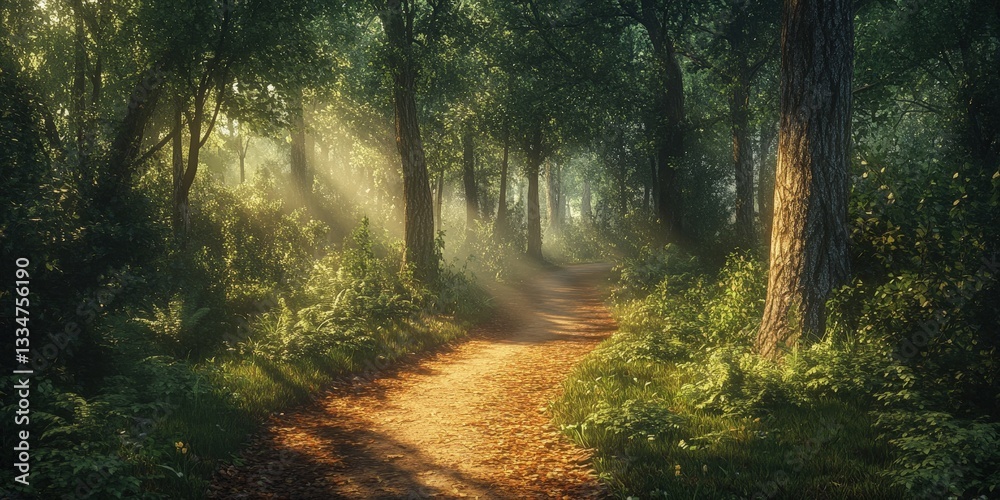 Obraz premium Sun-dappled forest path glows with warmth. Lush greenery and towering trees create a tranquil, inviting scene