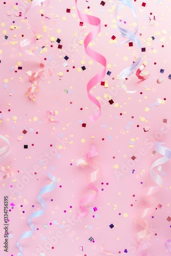 Festive and Cheerful Celebration Background with Pastel Pink Backdrop, Colorful Confetti and Flowing Decorative Ribbons for Party or Event