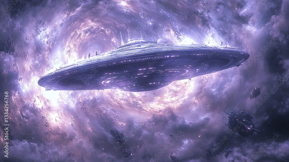 Obraz premium A large futuristic spaceship traveling through swirling vibrant cosmic clouds