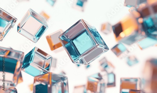 Floating glass cubes on white background, abstract 3D render