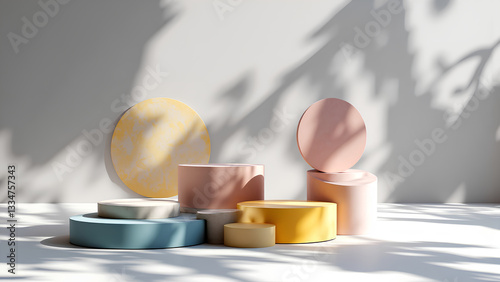 Modern geometric shapes in pastel colors create stylish display with soft shadows. arrangement features circular and cylindrical forms, enhancing aesthetic appeal