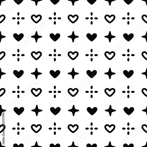 Black Heart Star Doodles Seamless Pattern, Kawaii Style