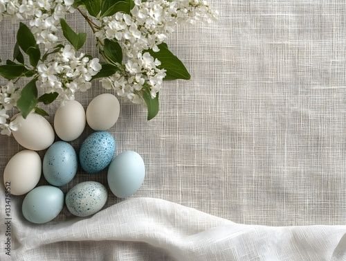 Easter Eggs & Blossoms: A tranquil still-life composition features pastel-colored eggs artfully arranged beside a delicate spray of white blossoms, evoking the spirit of spring.