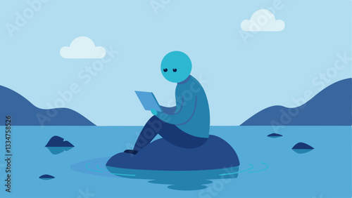Mindfulness and Reflection A character sitting peacefully on a rock by a tranquil water body journaling their thoughts and feelings illustrating the importance of reflection in the