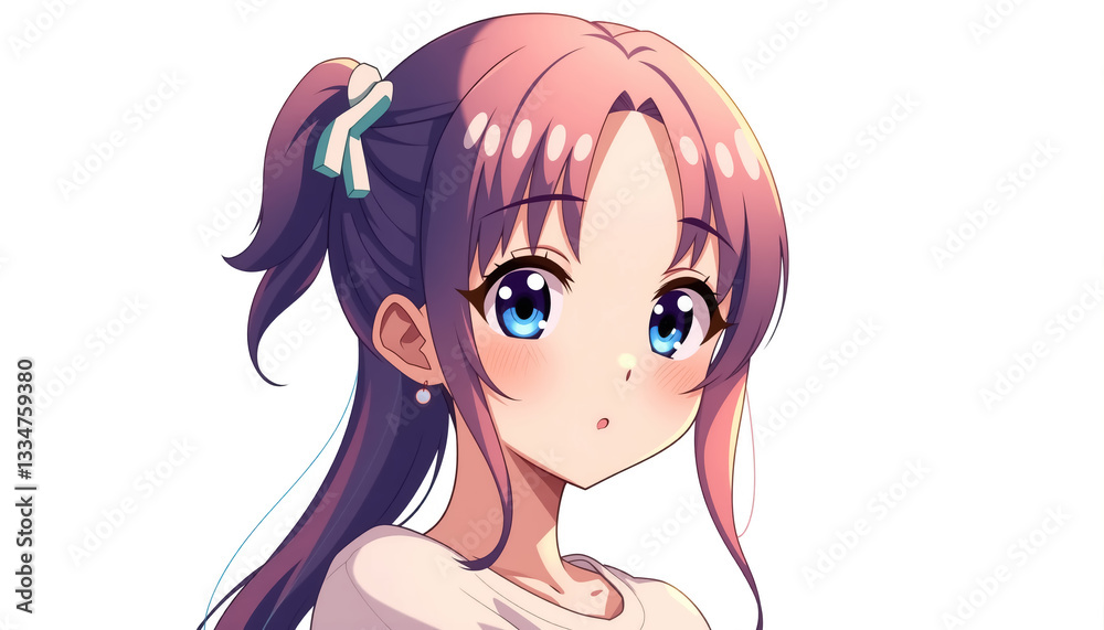 Anime style illustration of young girl with blue eyes and purple pink hair with surprised expression Anime style illustration of young girl with blue eyes and purple pink hair with surprised expression