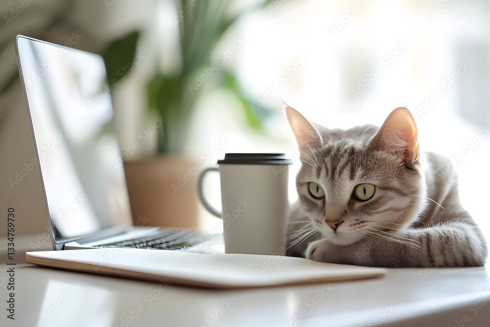 A tidy workspace with a laptop, notebook, and coffee cup in a bright interior. Great for productivity, remote work, and modern office lifestyle. A tidy workspace with a laptop, notebook, and coffee cup in a bright interior. Great for productivity, remote work, and modern office lifestyle.