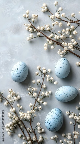 Easter Bloom: A delicate Easter arrangement, featuring speckled blue eggs nestled among blooming branches, celebrating renewal and springtime beauty.