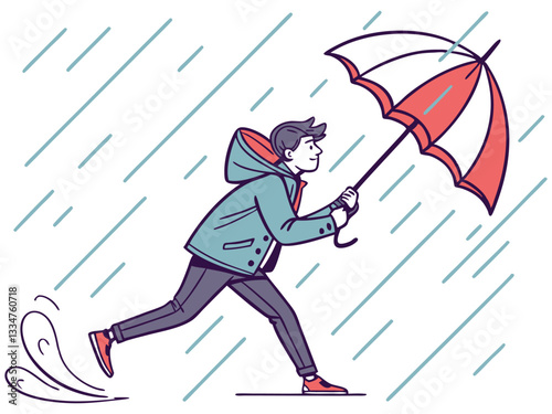 Rainy Day Dash: A determined individual battles against the elements, running through a downpour with an umbrella, showcasing resilience and adaptability. 