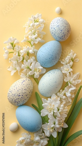 Easter floral arrangement: An Easter floral arrangement of pastel-colored eggs and blooming white flowers with gentle light. 