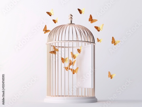Vintage Birdcage with Open Door and Butterflies Flying Away