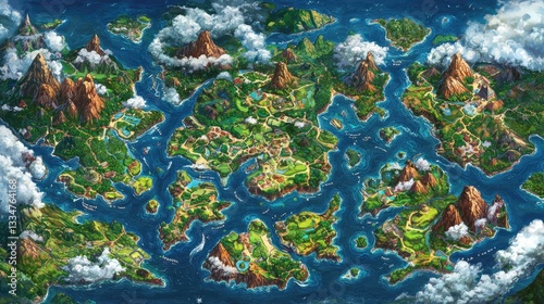 Colorful island map, detailed landscape, fantasy world, exploration