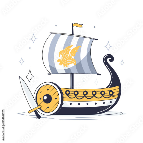 Viking longship vector with a decorated sail, shield, and sword. Minimalist and modern illustration symbolizing Norse history, exploration, and warrior culture.