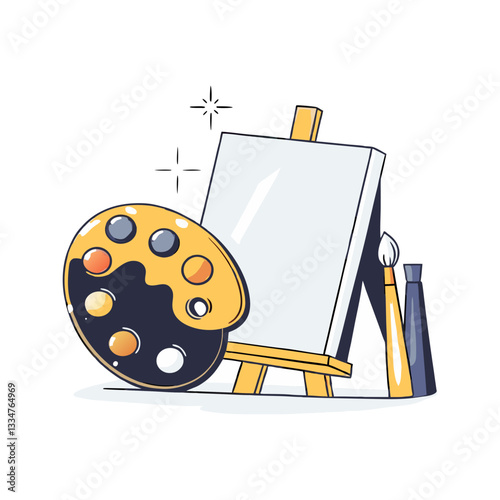 Artist palette and easel vector with paintbrushes. Minimalist and modern illustration symbolizing creativity, painting, art, and artistic expression.