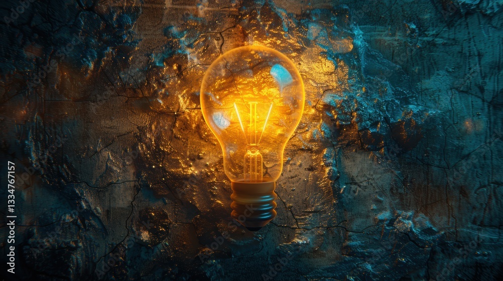 Glowing Light Bulb Illuminating Textured Wall with Blue Undertones Glowing Light Bulb Illuminating Textured Wall with Blue Undertones