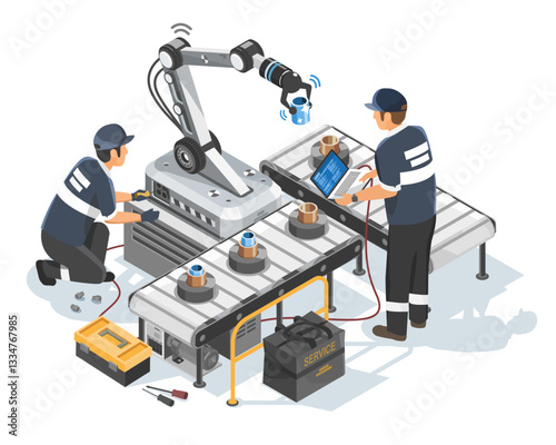 Isometric Isolated Illustration of Engineers Calibrating and Configuring an Industrial Robotic Arm on a Smart Factory Production Line