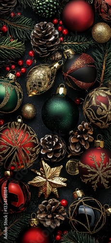 Wallpaper Mural Festive Holiday Arrangement with Ornamental Spheres, Pinecones, Evergreen Sprigs, and Red Berries, Creating a Joyful Atmosphere, Perfect for Christmas Celebrations and Decorations Torontodigital.ca