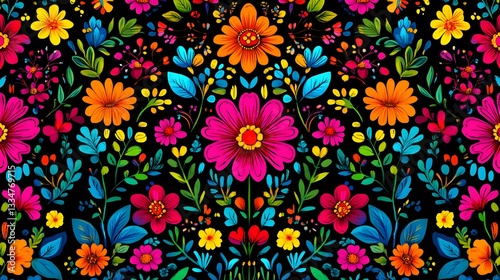Wallpaper Mural Colorful floral pattern on a black background with symmetrical arrangement Torontodigital.ca
