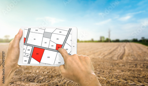 Fotografia Man holding a tablet looking at lots of lands