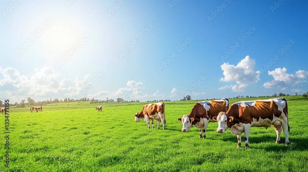 Cows graze contentedly in a lush green field under bright sunlight Cows graze contentedly in a lush green field under bright sunlight