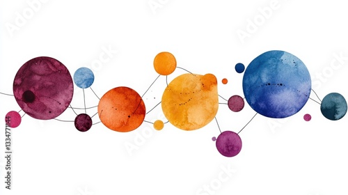 Vibrant watercolor planets connected by lines, showcasing colorful celestial bodies in an artistic and abstract style.