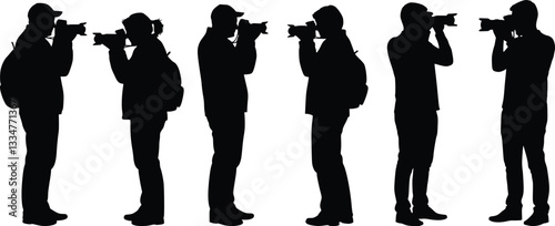 Black silhouette illustration of four people holding cameras, each capturing a photograph from different angles, emphasizing the art of photography