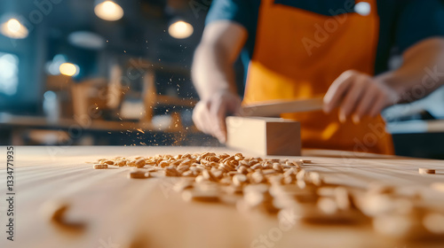 Skilled hands craft wood in a cozy workshop, amid scattered shavings and focused artistry