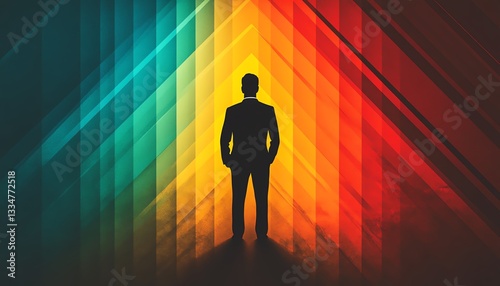 A silhouette of a businessman standing in front of a bold, colorful upward arrow, symbolizing personal and professional growth, success, and achievement, dynamic, Midjourney v6 photo