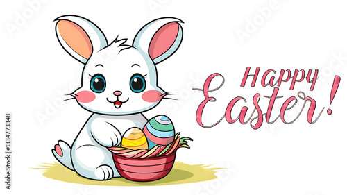 An adorable cartoon anime bunny is joyfully surrounded by a variety of colorful Easter eggs, ideal for holiday themes