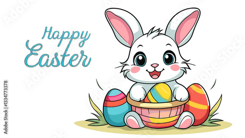 An adorable cartoon anime bunny is joyfully surrounded by a variety of colorful Easter eggs, ideal for holiday themes