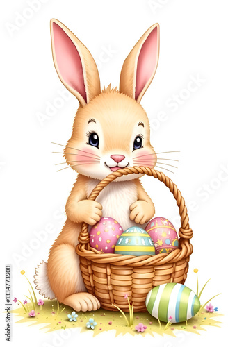 A cute little bunny happily surrounded by vibrant, colorful Easter eggs in a cheerful festive setting