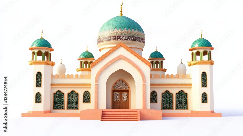 Colorful Architectural Design of a Mosque with Domes and Minarets in a 3D Rendering Style Colorful Architectural Design of a Mosque with Domes and Minarets in a 3D Rendering Style
