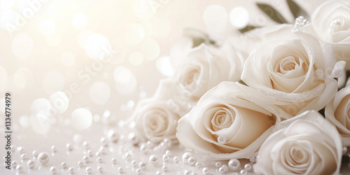 Elegant white roses with pearls on soft background  