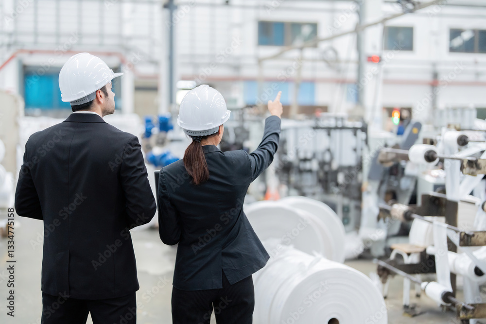 The Asian female engineer designed innovative AI-powered machinery for an industrial plant owned by a European male company owner, improving business operations and increasing production efficiency. The Asian female engineer designed innovative AI-powered machinery for an industrial plant owned by a European male company owner, improving business operations and increasing production efficiency.
