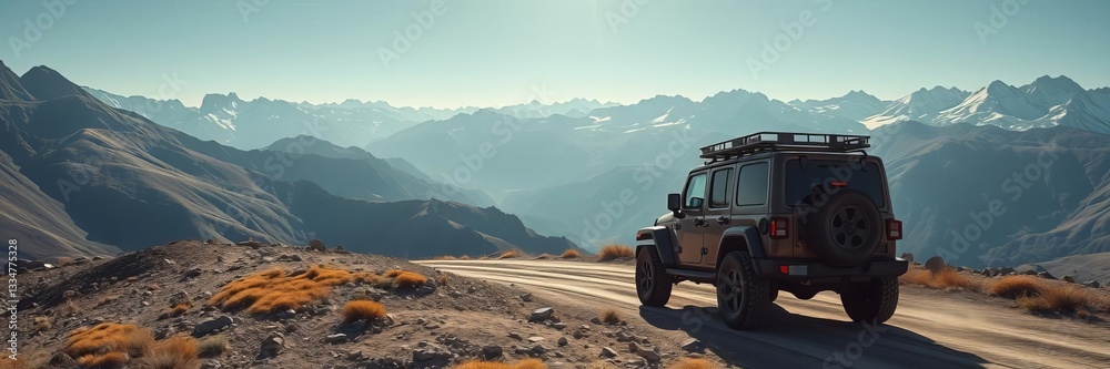 Fototapeta premium Off road vehicle navigating a rugged mountain track under the bright sun, surrounded by pristine nature and breathtaking views, scenic drive, off-the-beaten-path