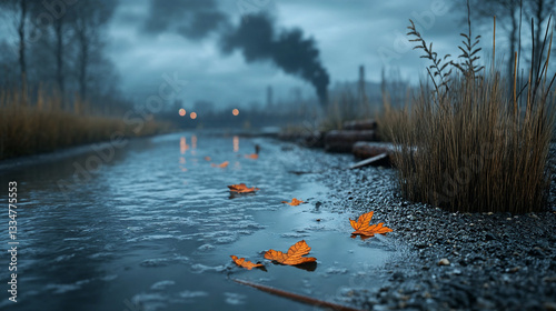 Polluted Industrial Canal with Thick Sludge and Toxic Foam, Rusty Debris Submerged, Dark Smoke from Factories in a Bleak and Contaminated Setting