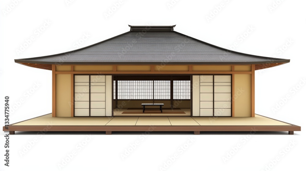Traditional Japanese House with Sloped Roof and Sliding Doors in Minimalist Design Style Traditional Japanese House with Sloped Roof and Sliding Doors in Minimalist Design Style
