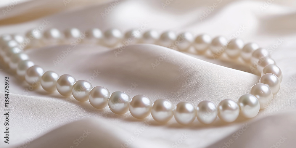 Elegant pearl necklace resting on soft fabric Elegant pearl necklace resting on soft fabric