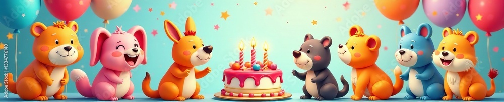 Fototapeta premium Colorful cartoon animals celebrating with balloons and cake, animals, cake, cartoon