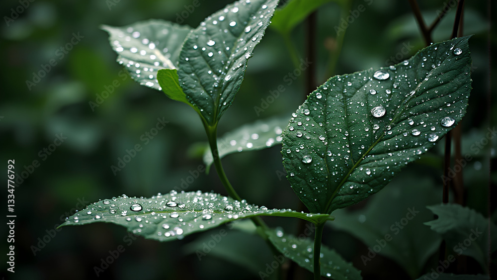 Lush green leaves adorned with water droplets, showcasing nature beauty and freshness. intricate details of leaves and droplets create serene and calming atmosphere Lush green leaves adorned with water droplets, showcasing nature beauty and freshness. intricate details of leaves and droplets create serene and calming atmosphere