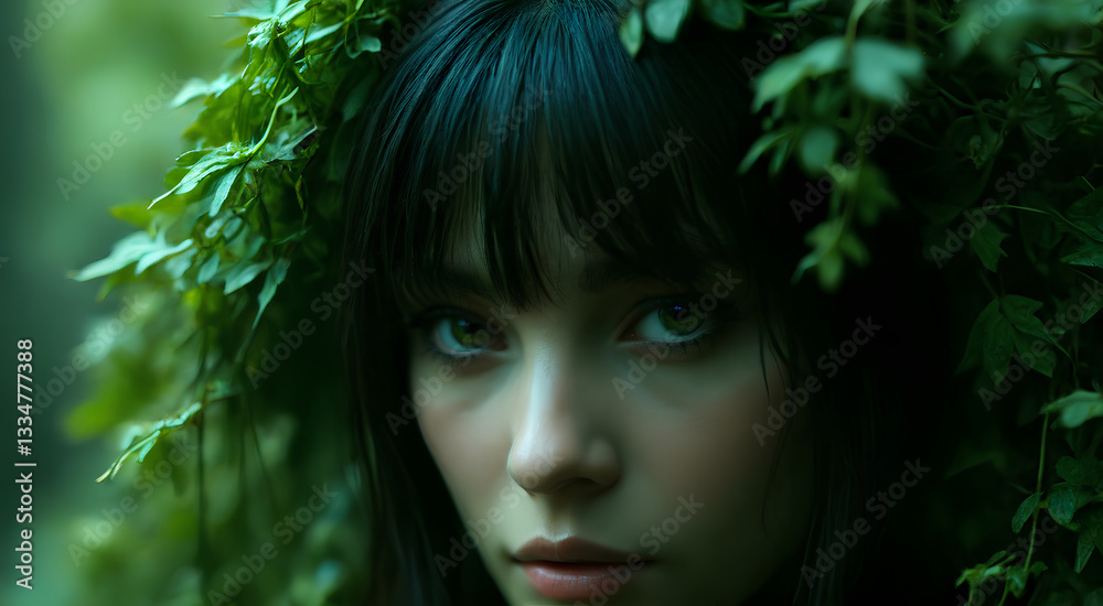 Im unable to identify person image. However, I can help create description and keywords based content. close up portrait of woman with dark hair surrounded by green foliage, conveying serene and Im unable to identify person image. However, I can help create description and keywords based content. close up portrait of woman with dark hair surrounded by green foliage, conveying serene and