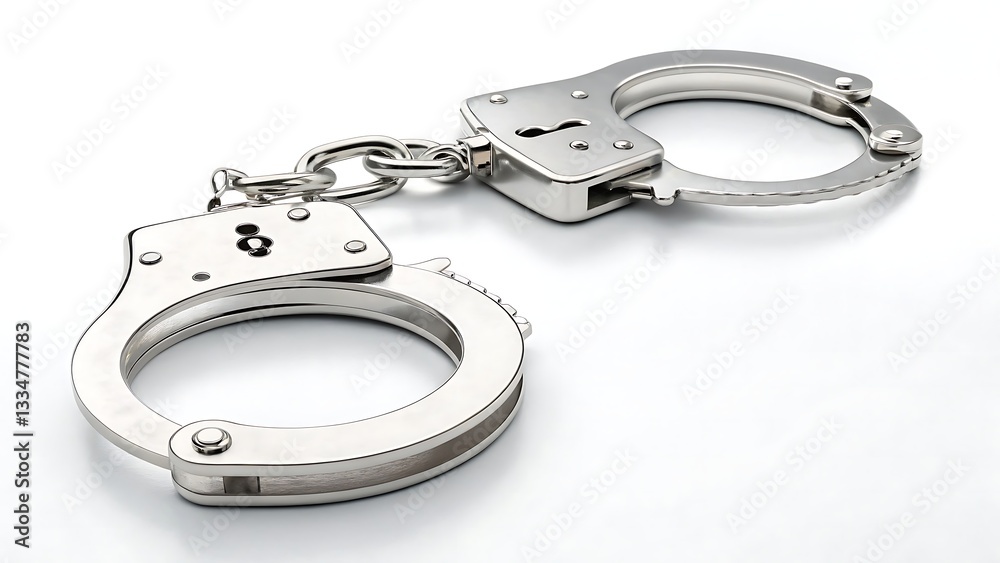 Silver Handcuffs - Law Enforcement Restraints on White Background Silver Handcuffs - Law Enforcement Restraints on White Background