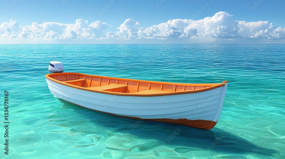 Naklejka premium Serene Motorboat Floating on Clear Blue Water Under a Bright Sky with Fluffy Clouds