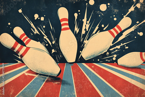 Scattered bowling pins are depicted with a retro, explosive graphic style, featuring red stripes and splatters against a dark background.