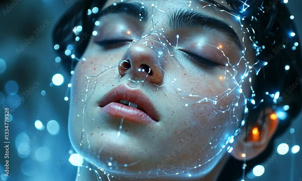 Ethereal portrait of a serene individual with cosmic patterns glowing on their face, surrounded by soft light Ethereal portrait of a serene individual with cosmic patterns glowing on their face, surrounded by soft light
